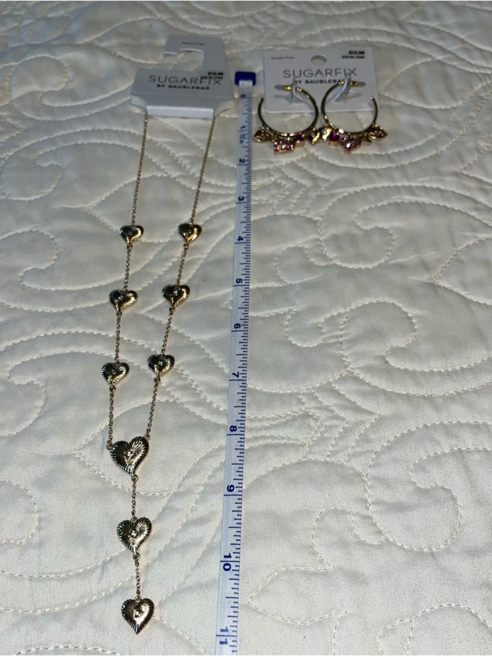 NEW Never Worn! SUGARFIX Gold Heart Necklace and Gold Hoop Earrings with Charms - Picture 6 of 6